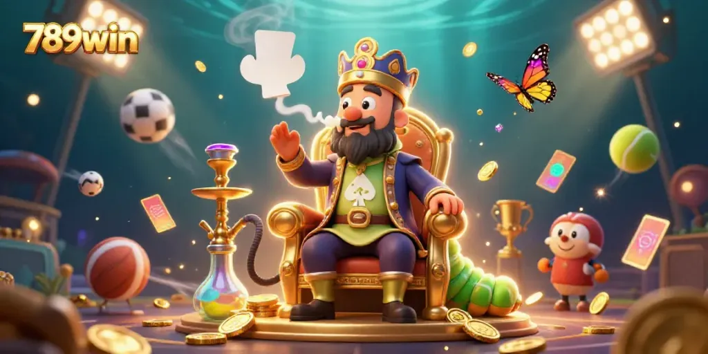 Engage with 789win's vibrant casino world featuring a magical caterpillar and dynamic sports elements.