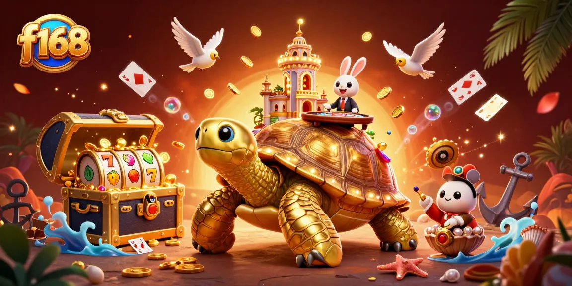 Experience f168 excitement with a cartoon golden tortoise casino illuminated with treasures and playful elements.