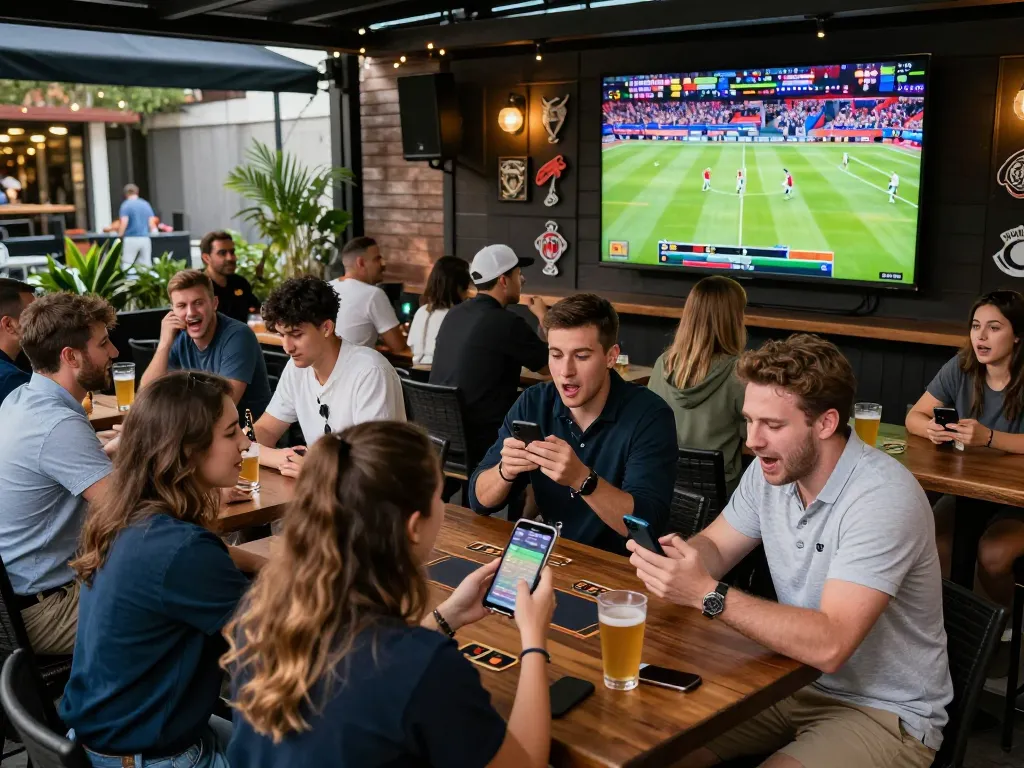 Excited patrons using the F8 BET app to place bets during a live sports event at a vibrant bar