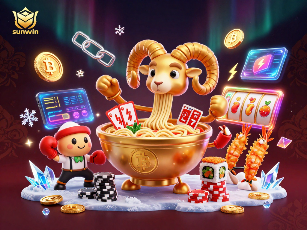 Engage with vibrant sunwin-themed casino illustration of a ramen bowl and friends in action.