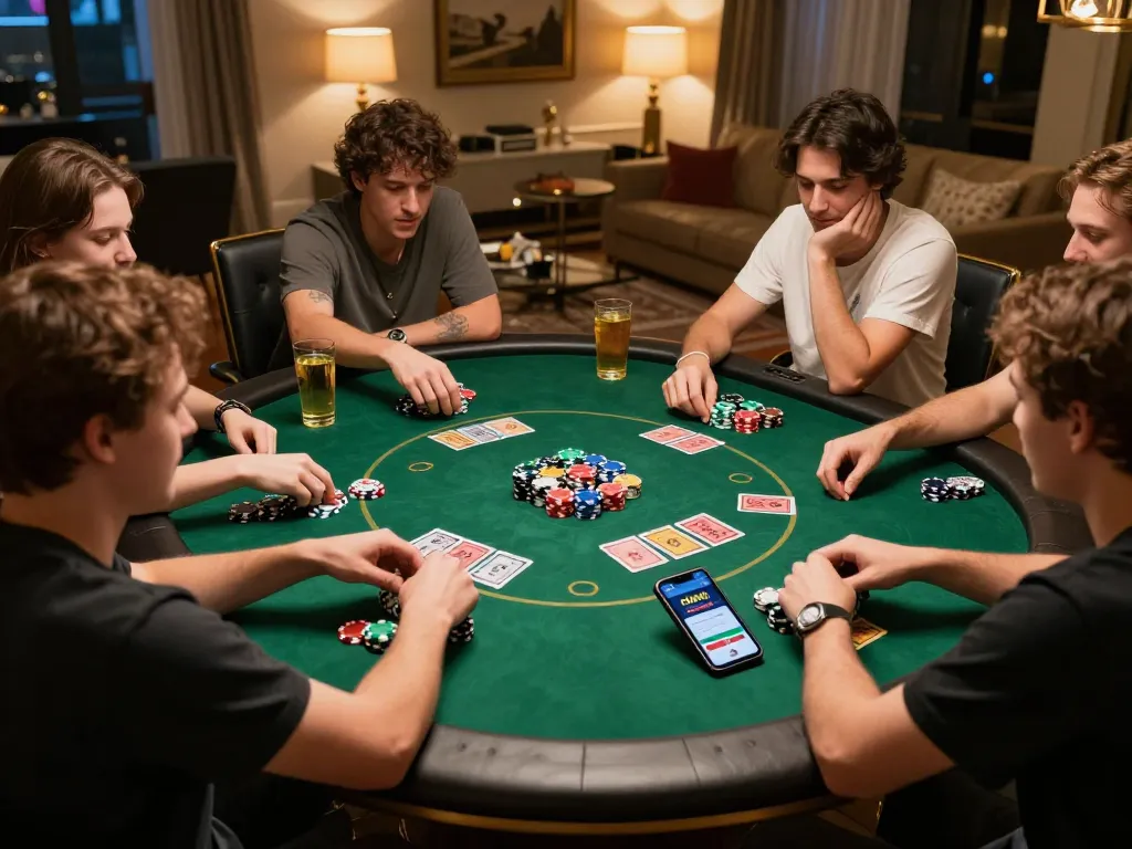 Players enjoying a friendly poker game while referencing the 789win link mới app on smartphone.