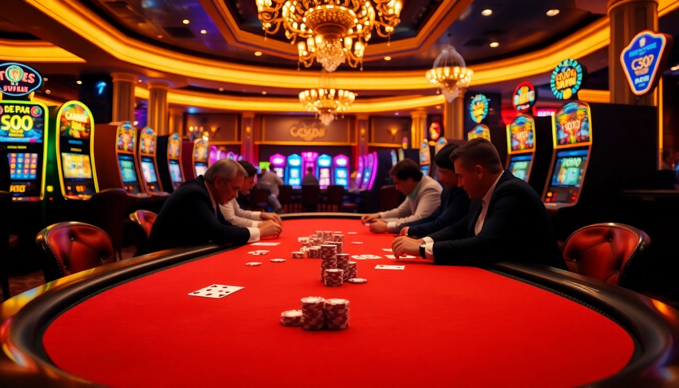 Jogadores apostando na mesa de poker da C333, com máquinas caça-níqueis vibrantes, em um cassino luxuoso.