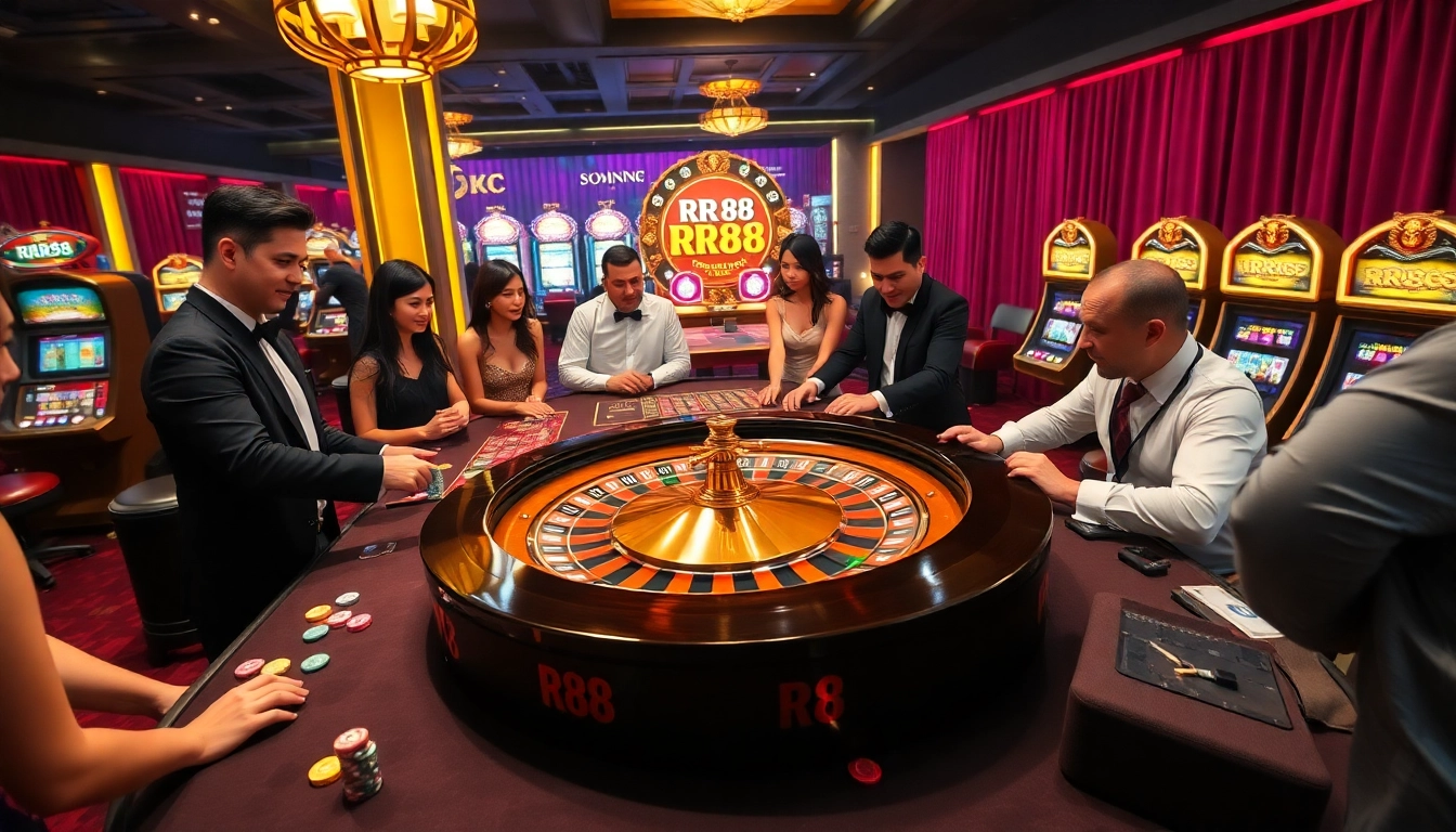RR88 gaming table with players placing bets and engaging with a friendly dealer.