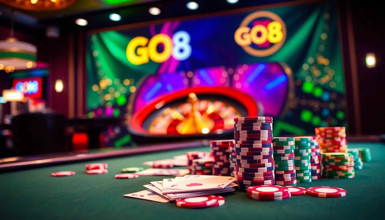 Dynamic GO8 casino scene with elegant poker table and roulette wheel, showcasing luxury and excitement.