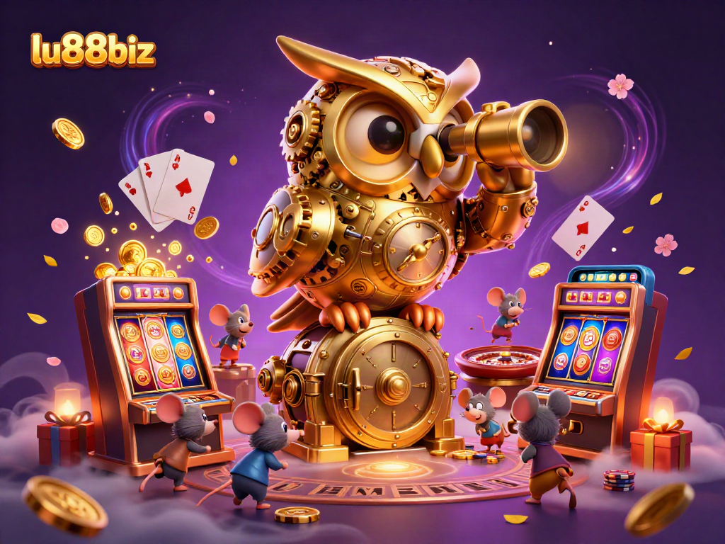 Experience the thrill of gaming with lu88biz as illustrated by a whimsical golden owl surveying the casino.