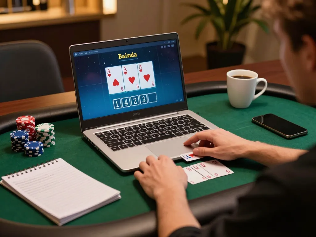 Player engages in online poker at TG88, focused on strategy with notes and tools nearby