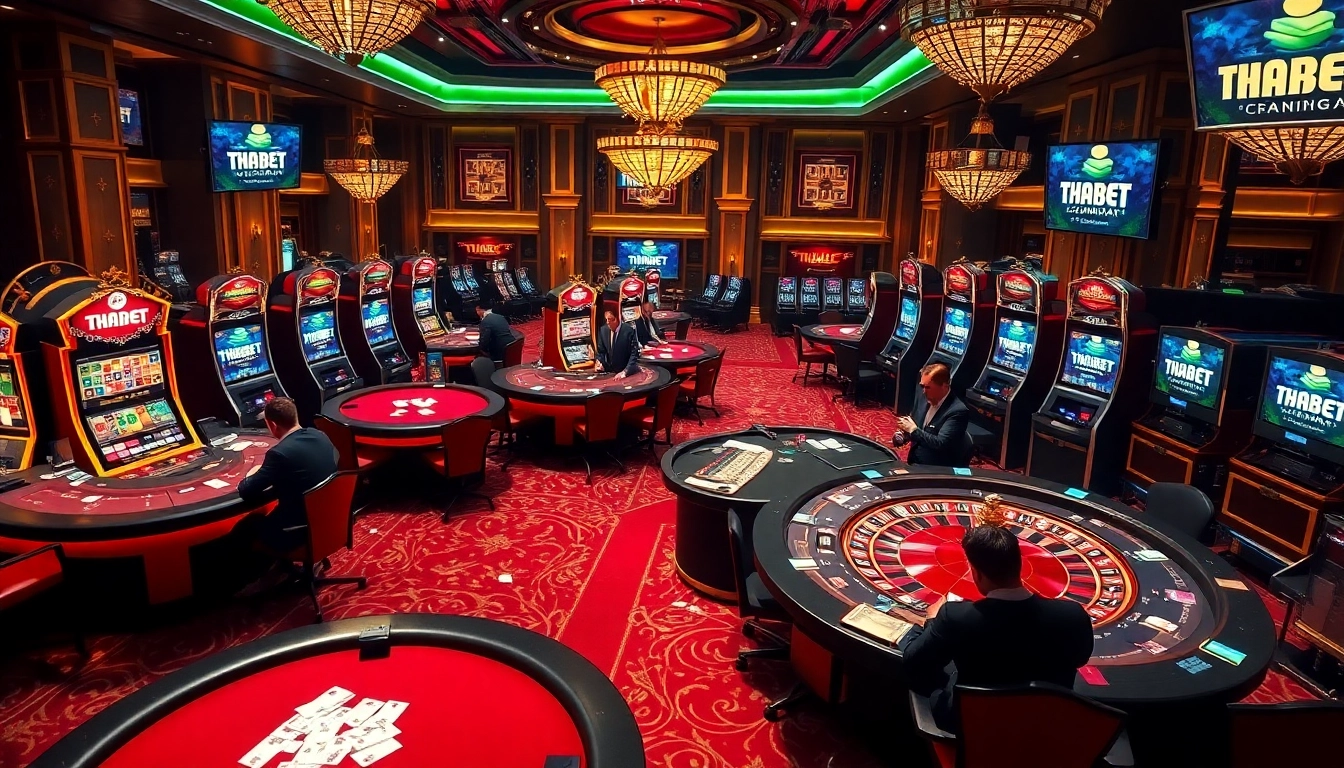 Players enjoying thrilling games at THABET casino with vibrant lights and tables.