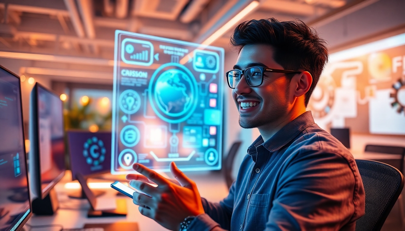 Engaging scene of a user chatting with Crushon AI in a modern workspace.