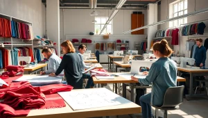 Private label clothing manufacturers collaborating in a vibrant workspace with designers and fabrics.