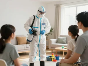 Dedetizadora technician applying pest control treatment in a clean residential space, ensuring safety and effective pest management.
