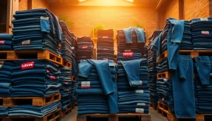 Shop vibrant Levi’s and American eagle jeans pallets arranged for easy shopping.