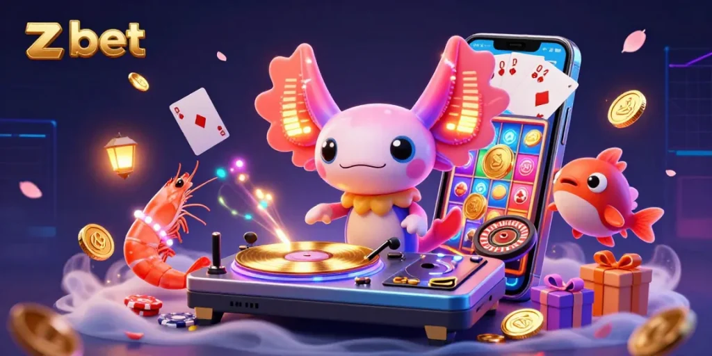 Experience zbet's vibrant 3D axolotl DJ undersea casino scene with energizing fun.