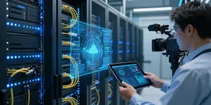go8net Cloud computing infrastructure with high-tech servers and data visualization.
