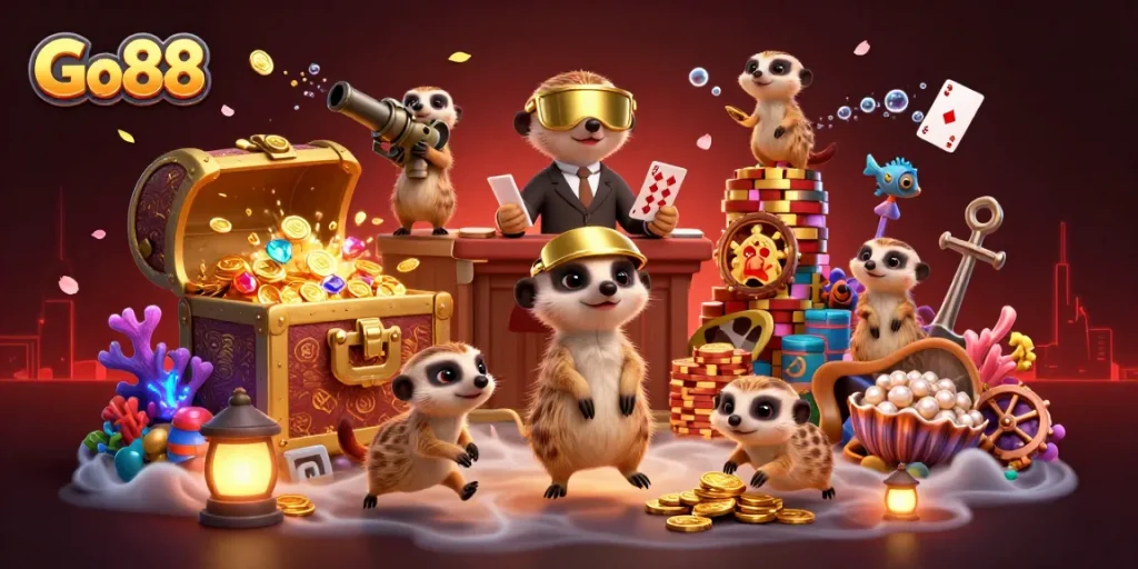 Experience thrilling gameplay at Go88 with meerkats running a vibrant casino operation.