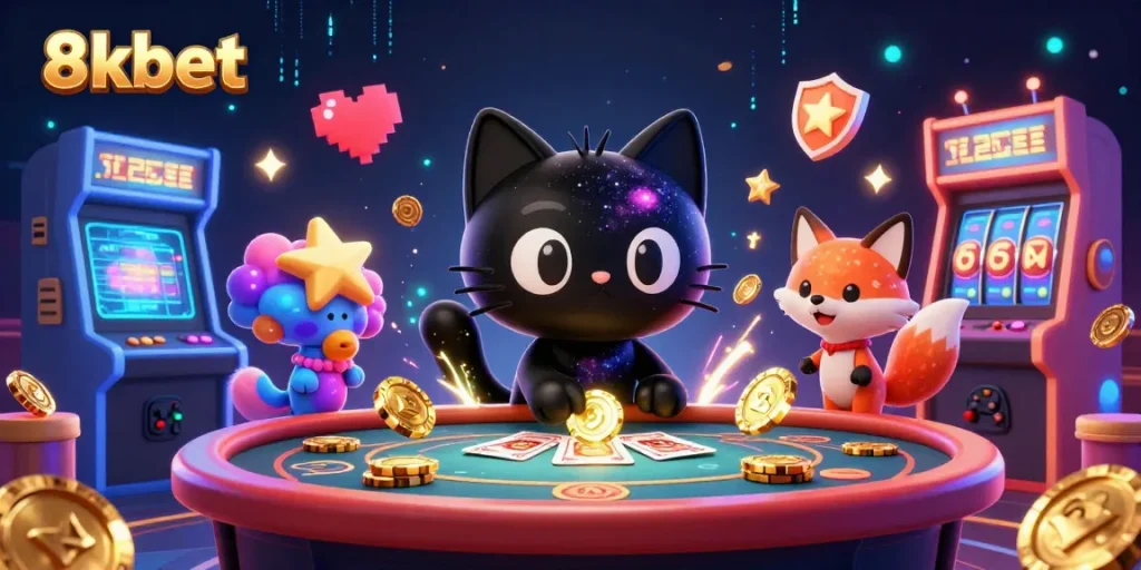 Play at 8xbet's vibrant cosmic casino with a black hole cat and nebula fox amidst glowing gaming elements.