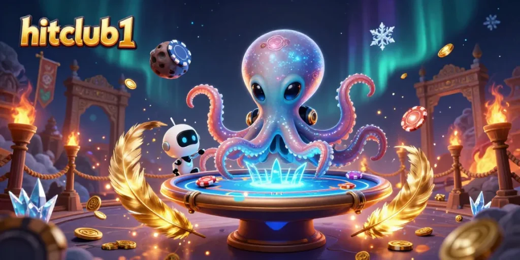 Engage with hitclub1's thrilling gameplay featuring an alien octopus and robot at a holographic poker table.