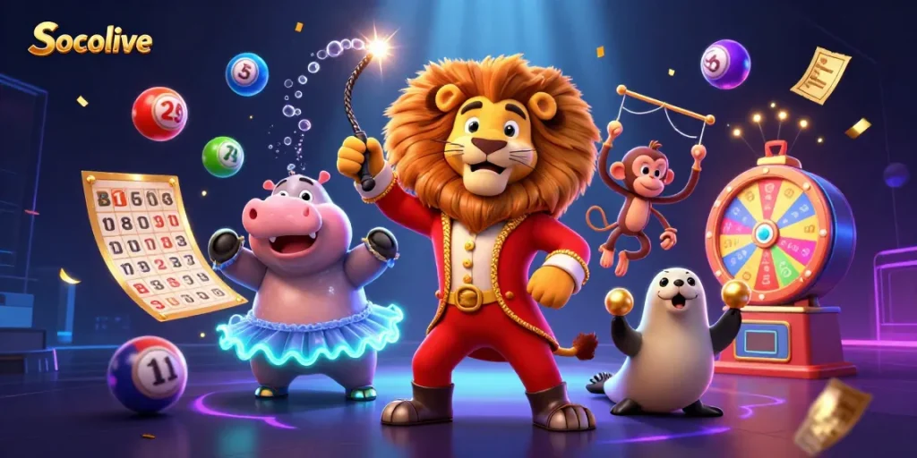 Socolive showcases interactive lottery theme with vibrant characters and elements for live gaming.